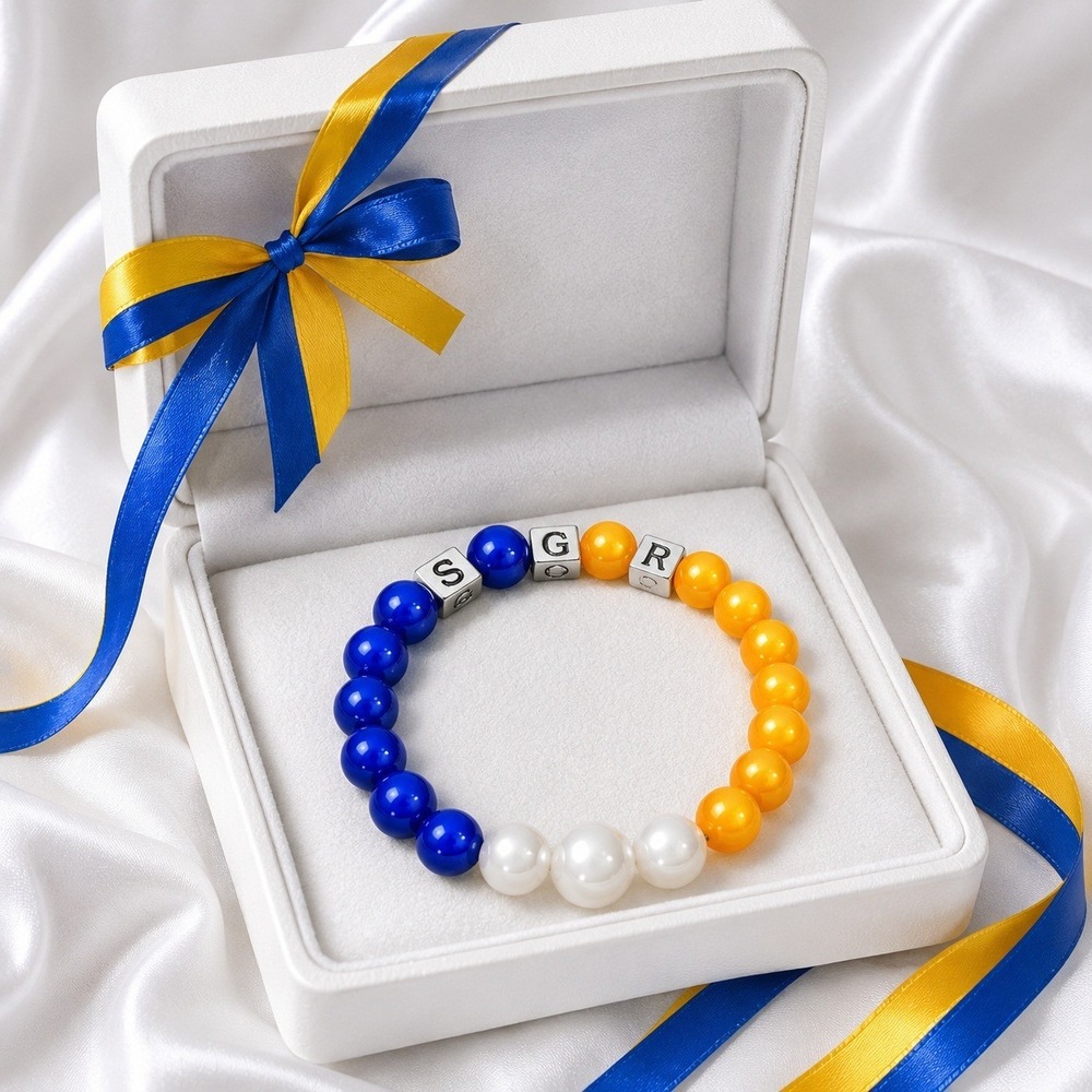 Sigma Gamma Rho SGR Sorority Pearl Stretch Bracelet Blue Gold White Greek Life